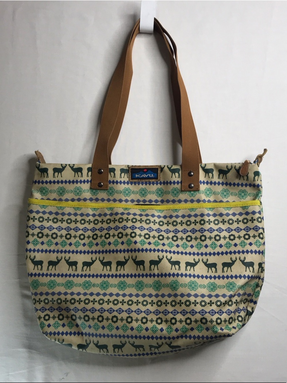 Kavu Beige Patterned Tote with Green and Blue Accents and Tan Straps